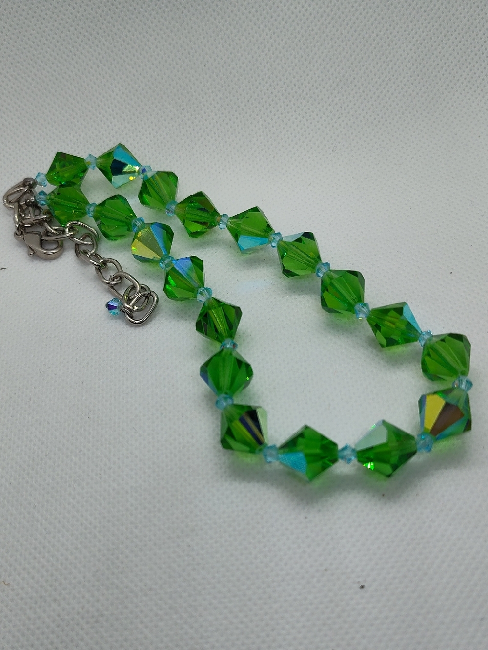 Emerald Green Bicone Faceted AB  Crystal Necklace circa 1960s